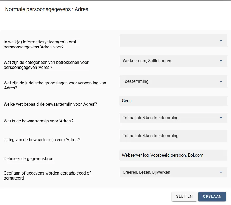 Bewaartermijn instellen bij persoonsgegeven Adres