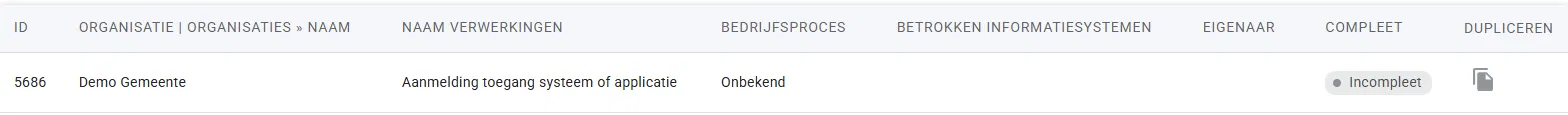 Verwerkingenoverzicht met geïmporteerde verwerking