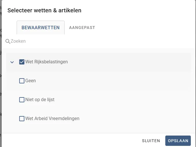 Selecteer wetten en artikelen - bewaarwetten